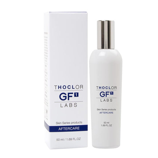 A product image showing Thoclor Skin Series GF1 in a white spray bottle with blue and silver labeling, alongside its packaging box.