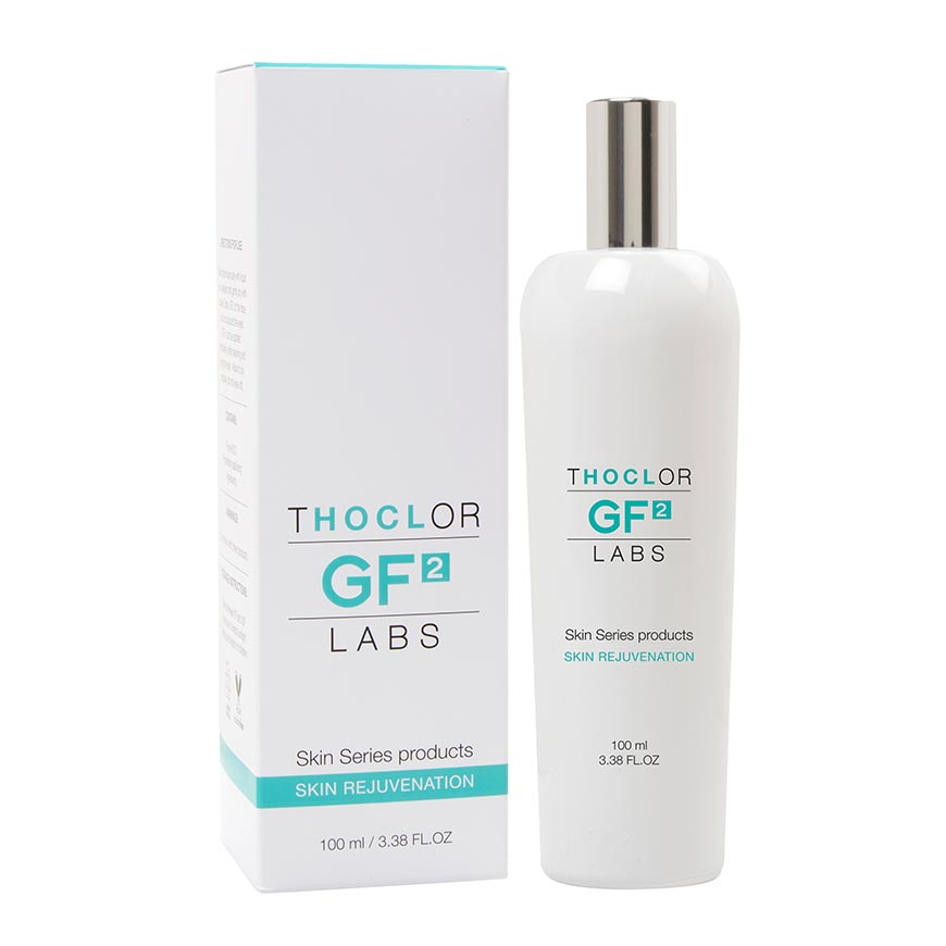 Bottle of Thoclor GF2 skin rejuvenation liuid 100ml a white botte with teal writing and a white box with teal writing