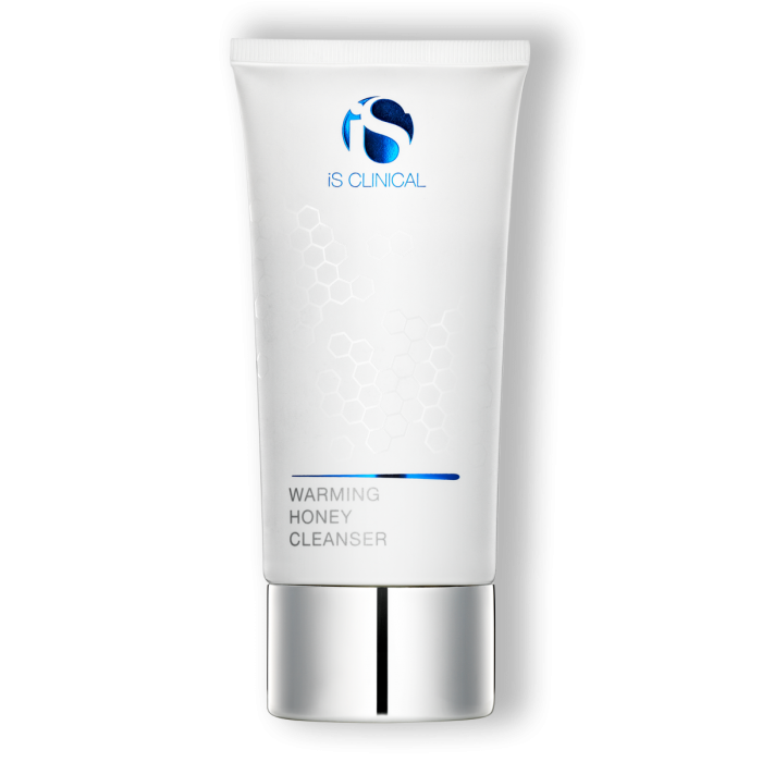 A tube of isClinical Warming Honey Cleanser with a white and blue design, indicating a moisturizing honey-based cleanser.