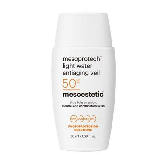 A pump bottle of Mesoestetic Mesoprotech Light Water Antiaging Veil 50+ sunscreen designed for normal and combination skin types.