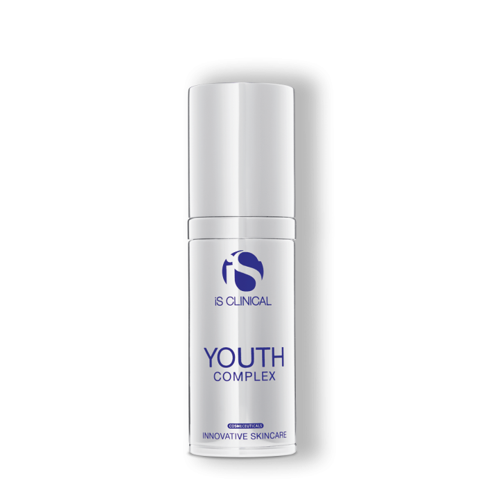 A white pump bottle labeled 'Youth Complex' from the brand 'Clinical Skin'. It is marketed as an innovative skincare product with antioxidant protection.