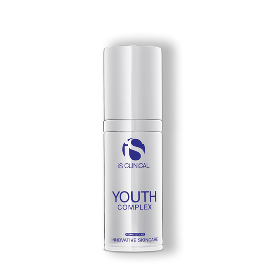 A white pump bottle labeled 'Youth Complex' from the brand 'Clinical Skin'. It is marketed as an innovative skincare product with antioxidant protection.