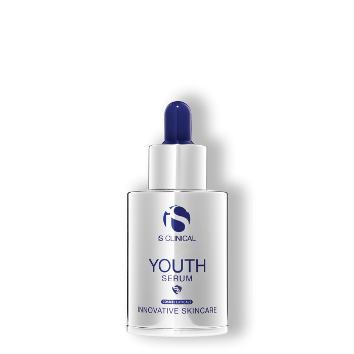 A bottle of 'Clinical Youth Serum' by IsClinical, with a blue cap and label indicating it's a youth serum for innovative skincare.