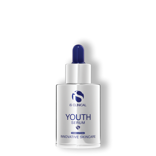 A bottle of 'Clinical Youth Serum' by IsClinical, with a blue cap and label indicating it's a youth serum for innovative skincare.