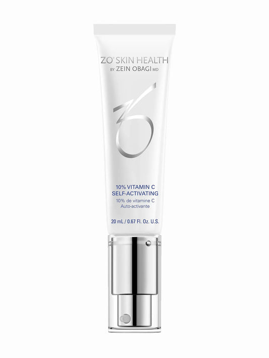 A bottle of ZO Skin Health 10% Vitamin C Self-Activating Serum with a white and silver design.