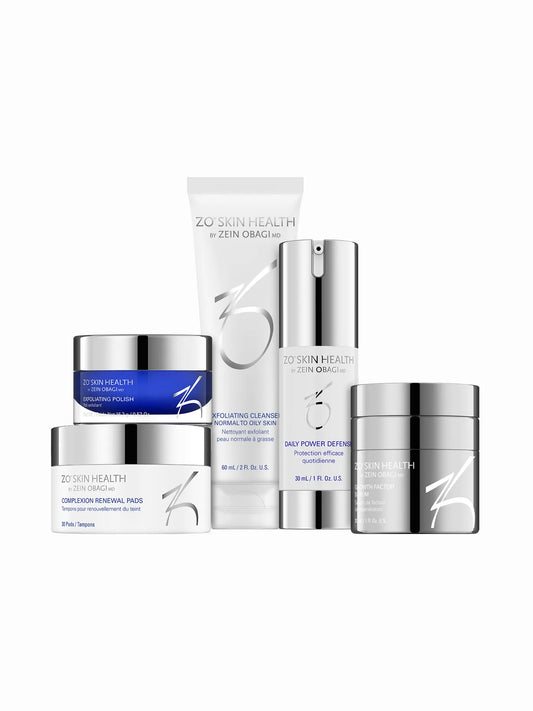A collection of ZO Skin Health anti-aging skincare products including exfoliating cleanser, exfoliating polish, complexion renewal pads, daily power defense, and growth factor serum.