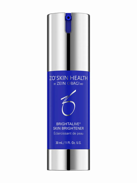 A bottle of ZO Skin Health Brightalive treatment cream serum with a blue label on a white background.