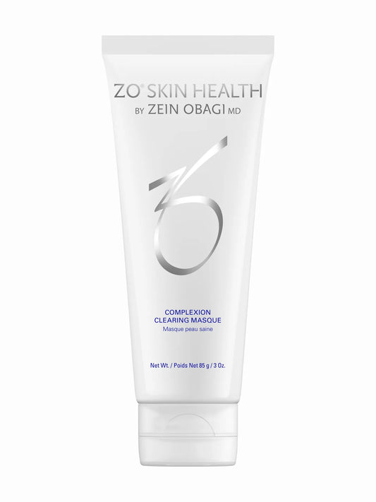 A tube of ZO Skin Health Complexion Clearing Masque with blue text detailing the product name and benefits.