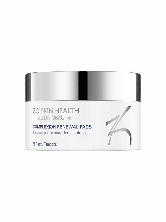 A container of ZO Skin Health Complexion Renewal Pads, with the product name and count (30 pads) visible on the front.