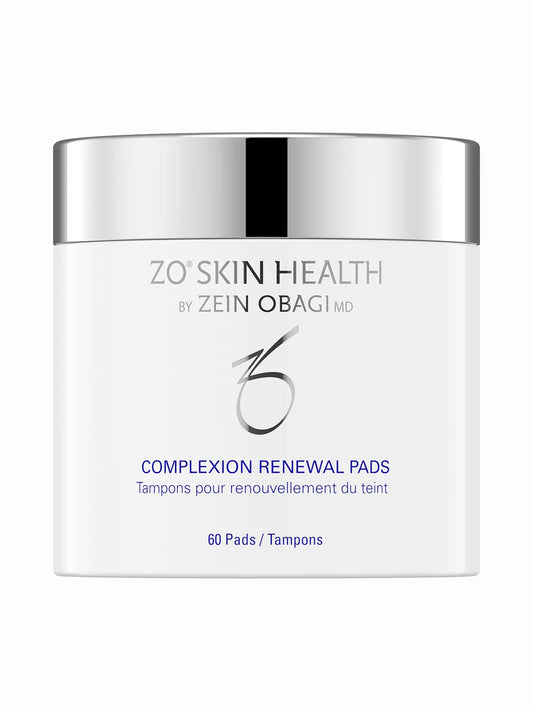 A container of ZO Skin Health Complexion Renewal Pads, with text indicating it contains 60 pads for complexion renewal.