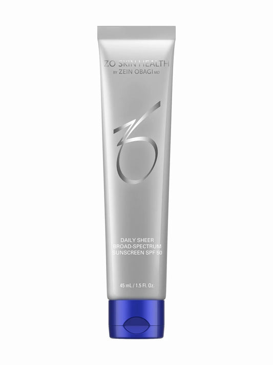 A tube of ZO Skin Health Daily Sheer SPF 50 sunscreen with a white body and blue cap.