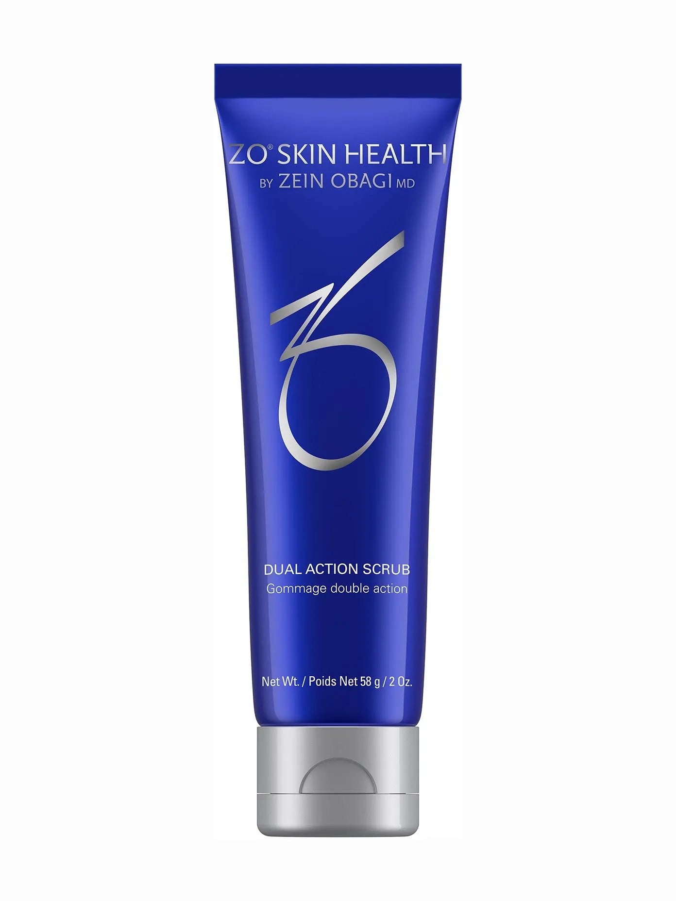 A blue tube of ZO Skin Health Dual Action Scrub with white and silver text detailing the product name and benefits.