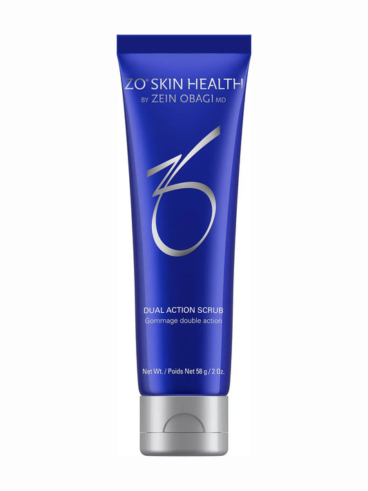 A blue tube of ZO Skin Health Dual Action Scrub with white and silver text detailing the product name and benefits.