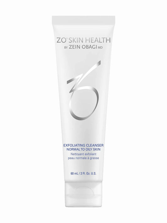A tube of ZO Skin Health Exfoliating Cleanser with white and blue color scheme.