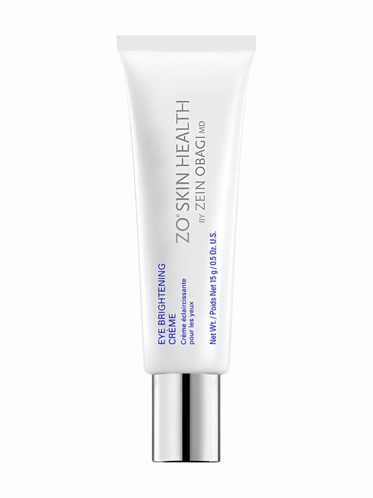 A tube of ZO Skin Health Eye Brightening Crème with white and blue color scheme.