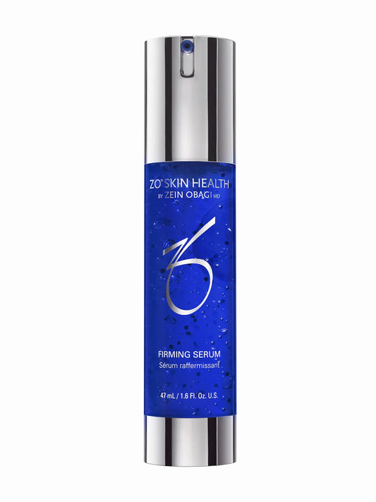 A bottle of ZO Skin Health Firming Serum with a blue label, designed for skincare and anti-aging benefits.