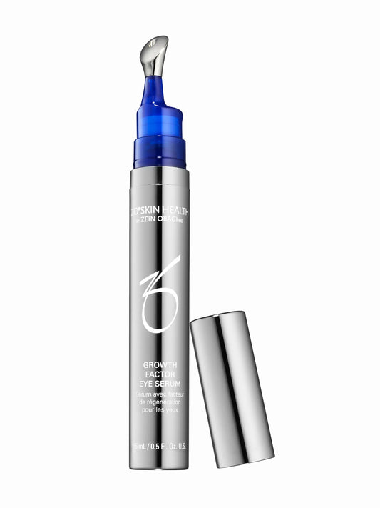 A bottle of ZO Skin Health Growth Factor Eye Serum with a blue cap and silver body, featuring a dropper applicator.