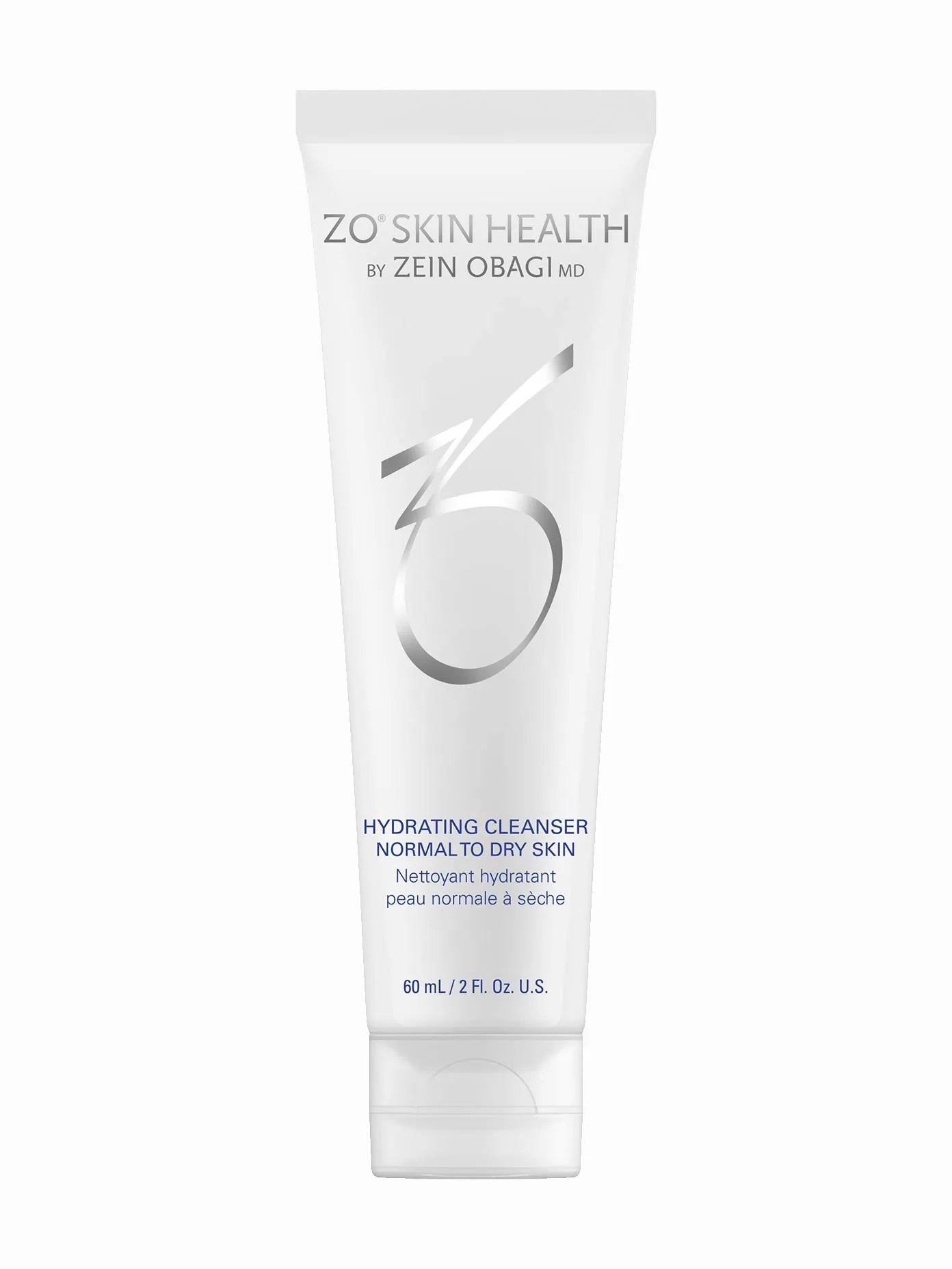 A pump bottle of ZO Skin Health Hydrating Cleanser, indicating that it is a skincare product suitable for normal to dry skin.