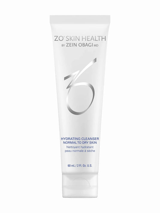 A pump bottle of ZO Skin Health Hydrating Cleanser, indicating that it is a skincare product suitable for normal to dry skin.