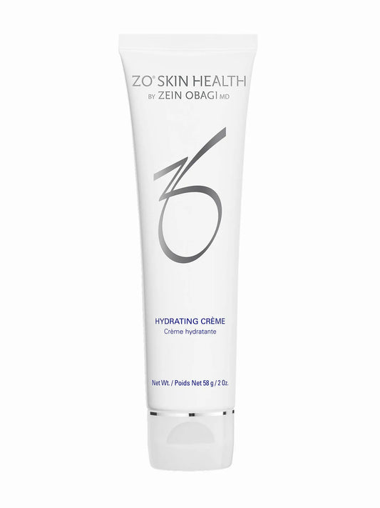A tube of ZO Skin Health Hydrating Crème with white and blue color scheme.