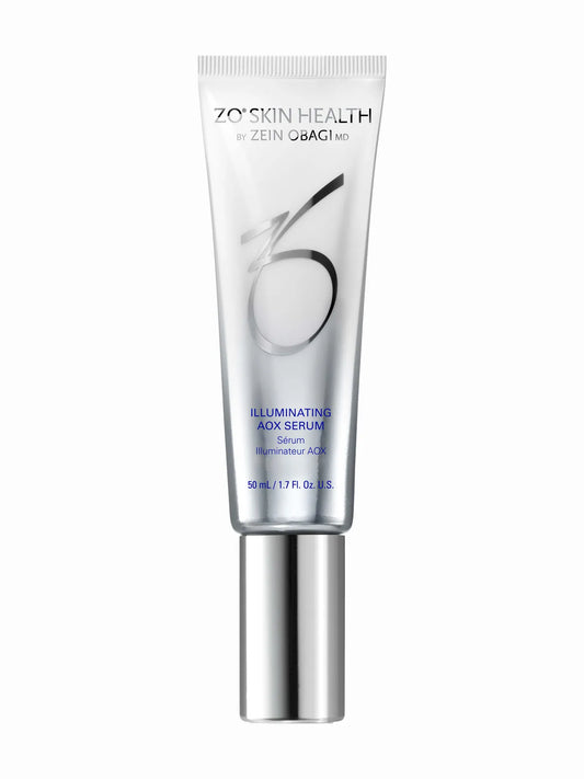 A tube of ZO Skin Health Illuminating AOX Serum with a white and blue color scheme.