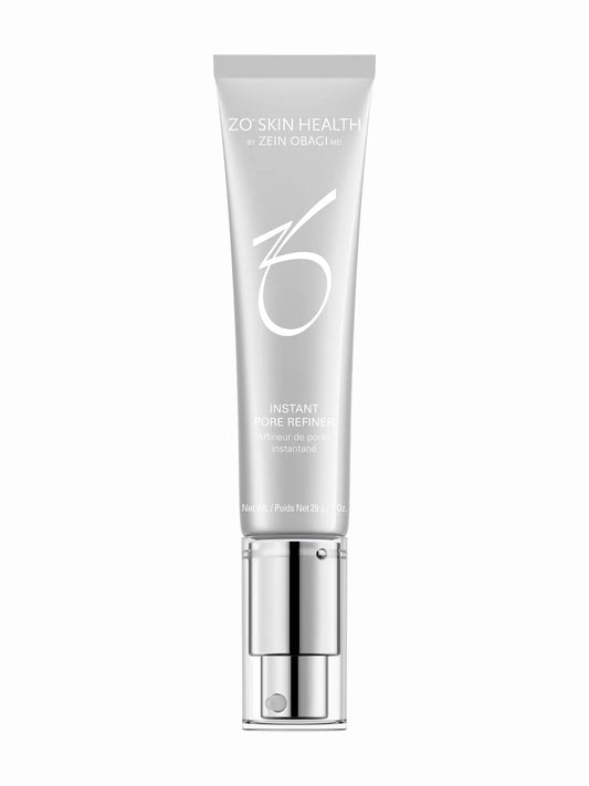 A pump bottle of ZO Skin Health Instant Pore Refiner, a skincare product designed to control oil and minimize pores.