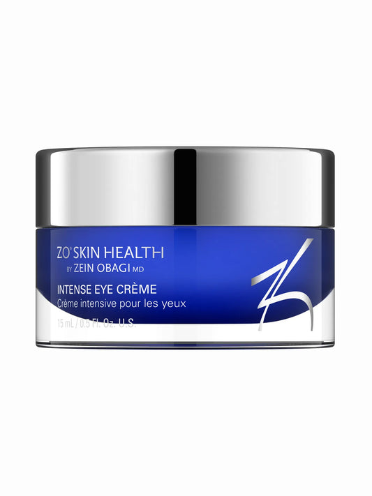 A jar of ZO Skin Health Intense Eye Crème with a blue label on a white background.