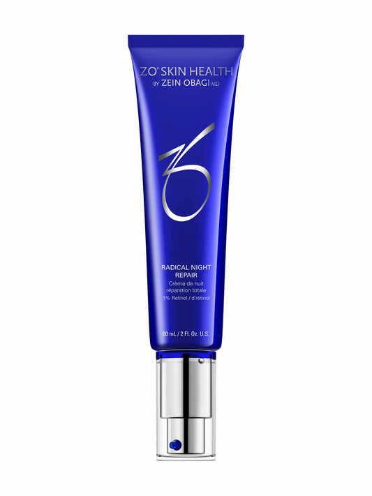A blue tube of ZO Skin Health Radical Night Repair cream with white and silver text detailing the product name and benefits.