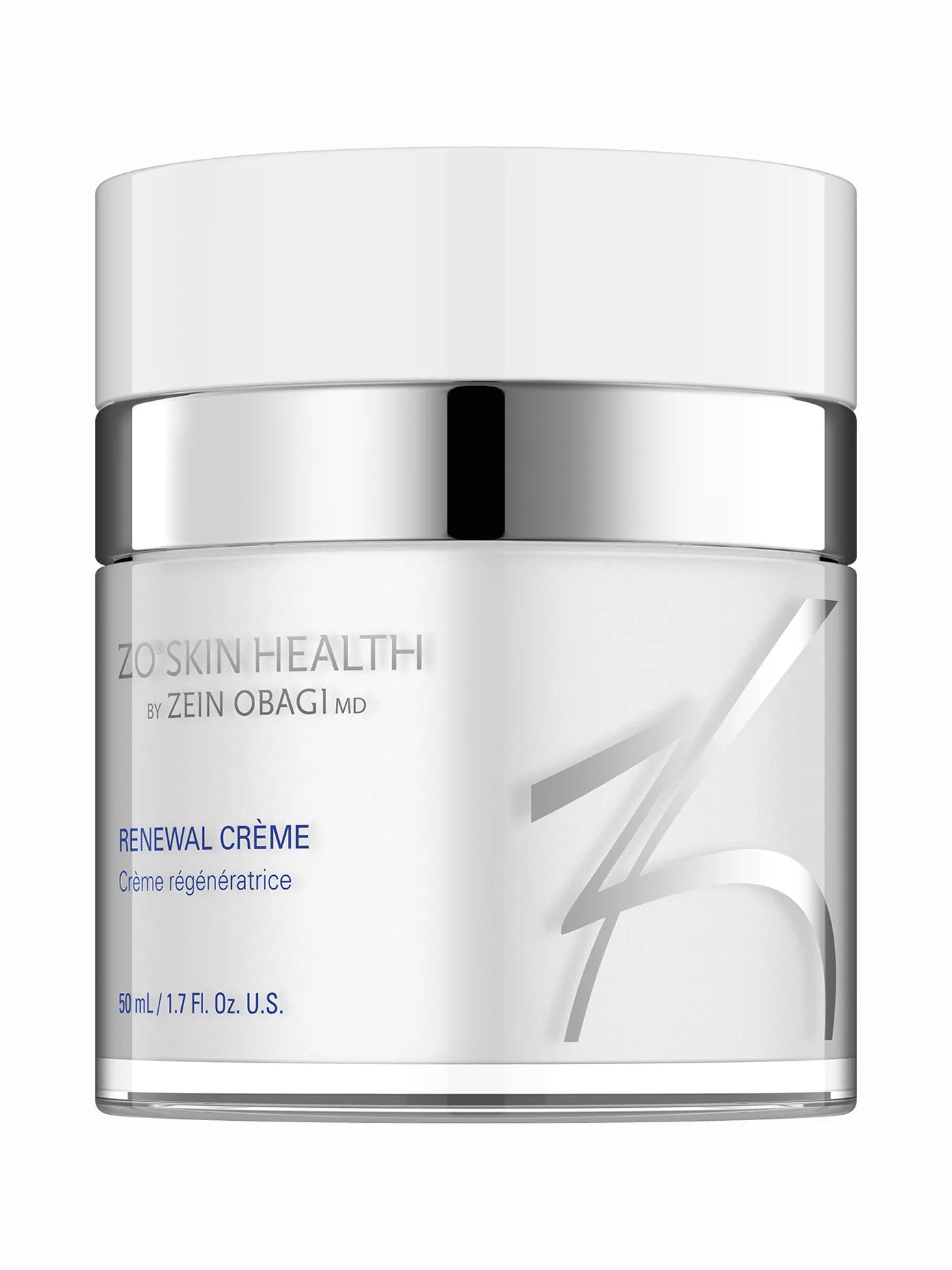 A jar of ZO Skin Health Renewal Crème with a white and silver design, indicating it is a skincare product.