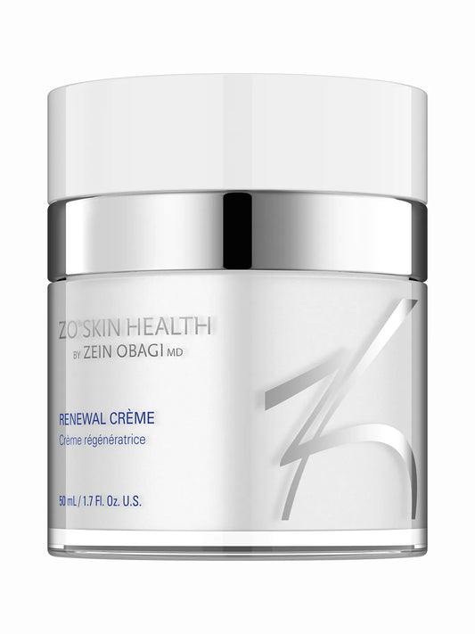 A jar of ZO Skin Health Renewal Crème with a white and silver design, indicating it is a skincare product.