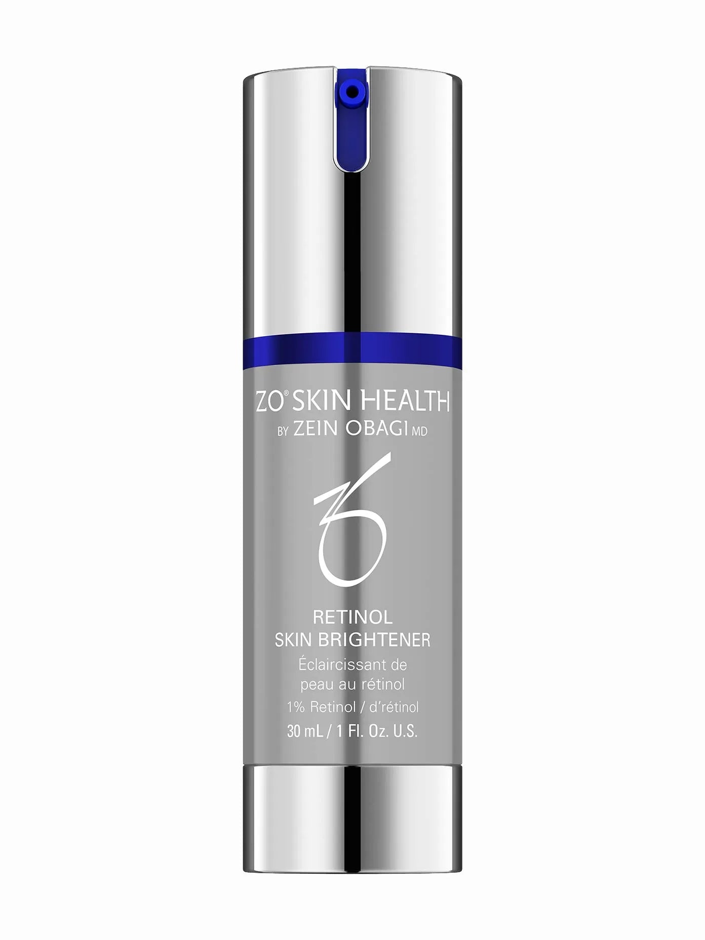 A bottle of ZO Skin Health Retinol Skin Brightener with a blue label on a white background.
