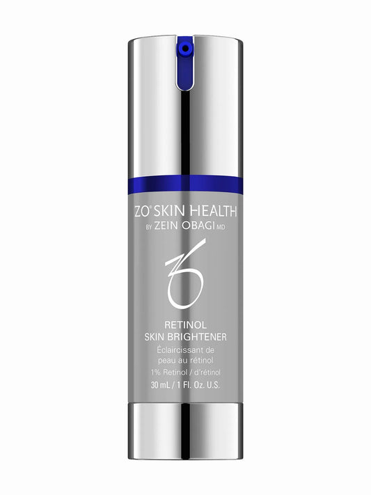 A bottle of ZO Skin Health Retinol Skin Brightener with a blue label on a white background.