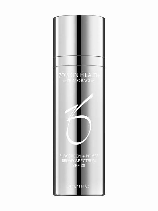 A pump bottle of ZO Skin Health Sunscreen + Primer SPF 30.